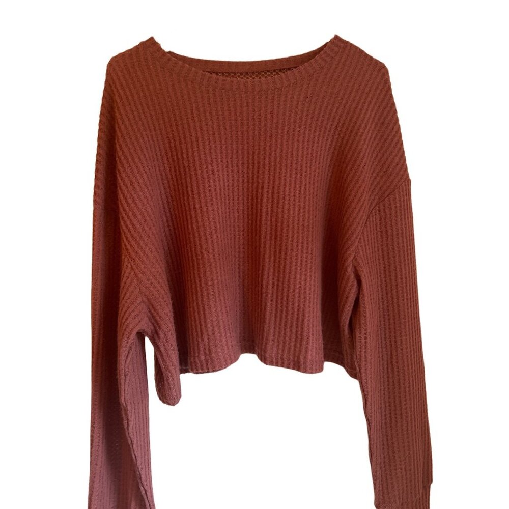 Shein Curve Womens Waffle Knit Long Sleeve Cropped Sweater Top Dusty Rose 1XL